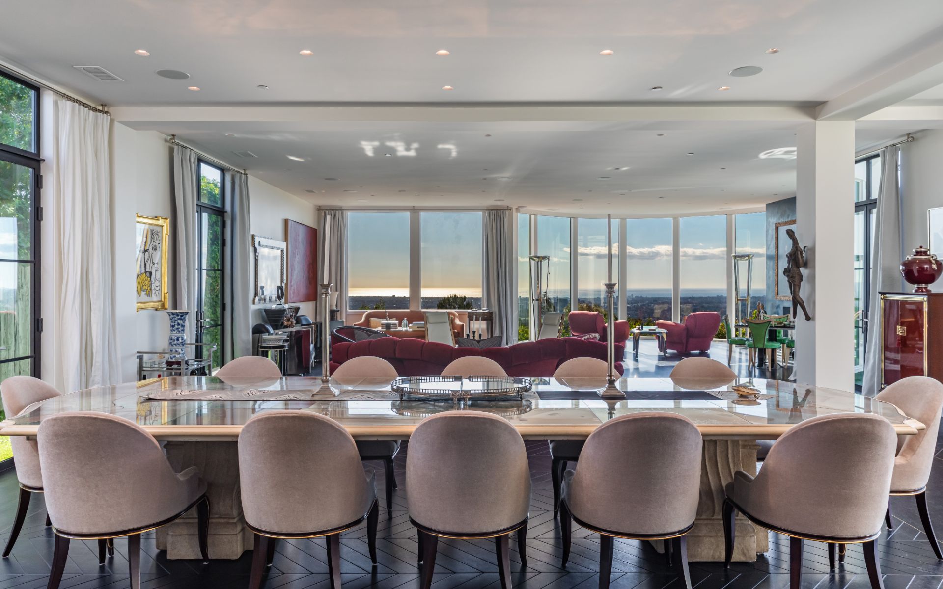 Dining room toward the curved living room bay