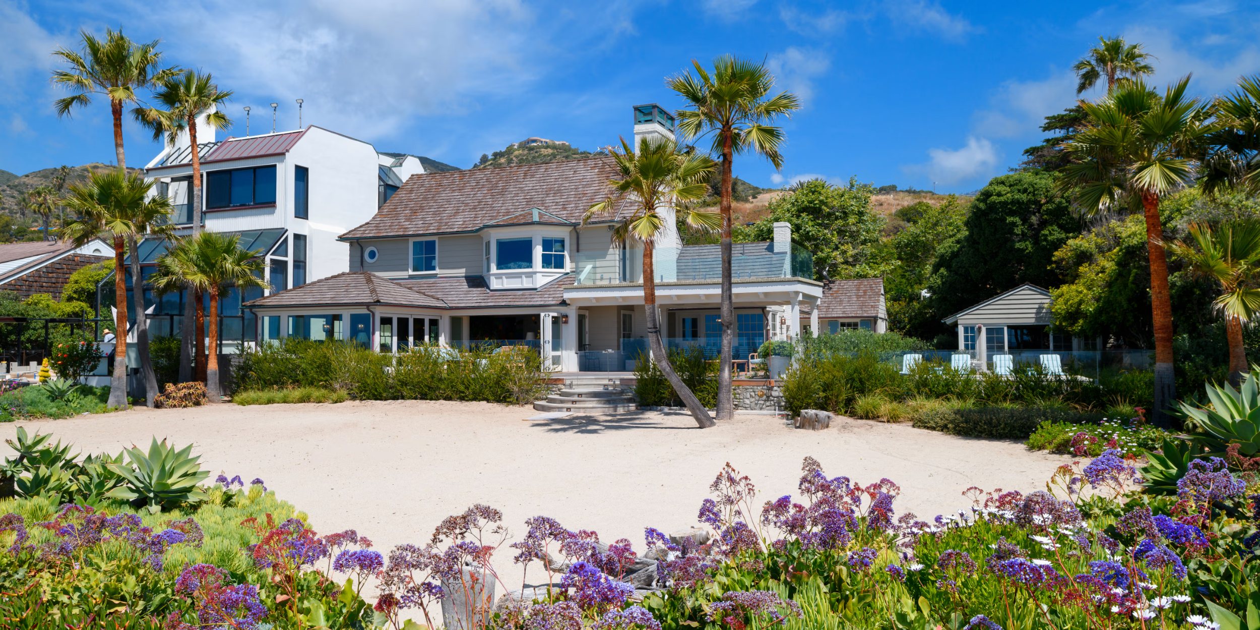 The house from the beach, framed by palms