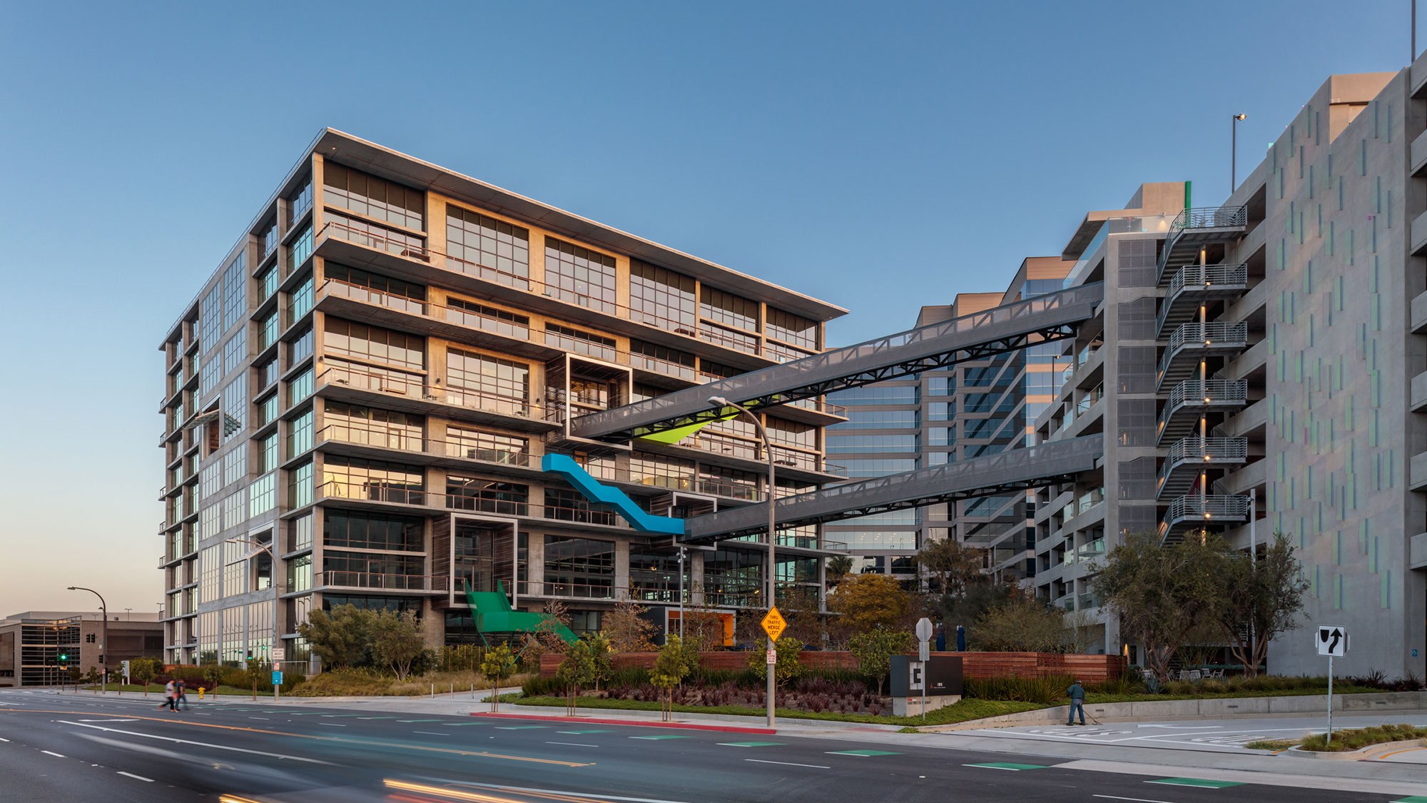 C3 at dusk, with sky bridges to the parking structure