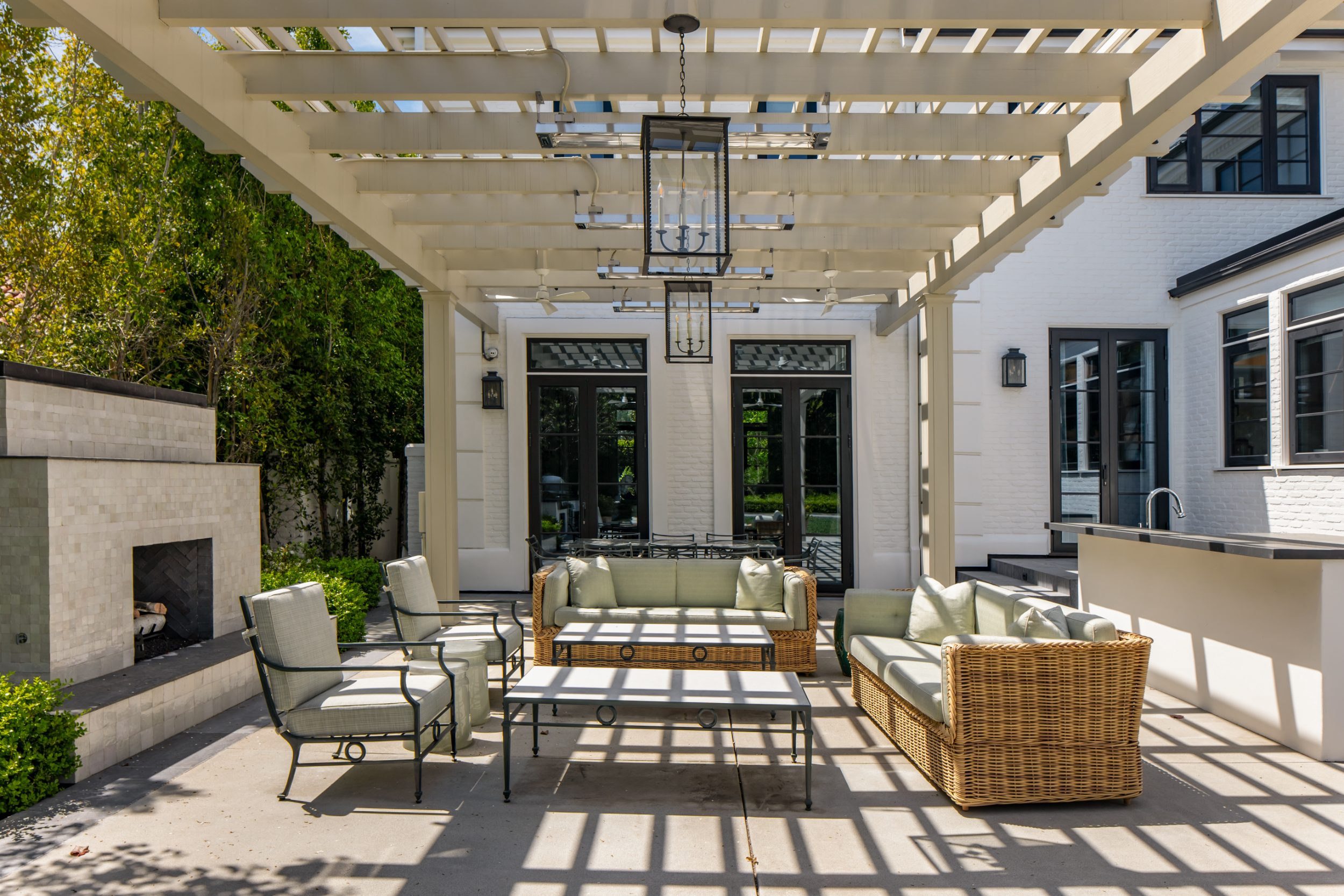 Covered loggia with outdoor fireplace