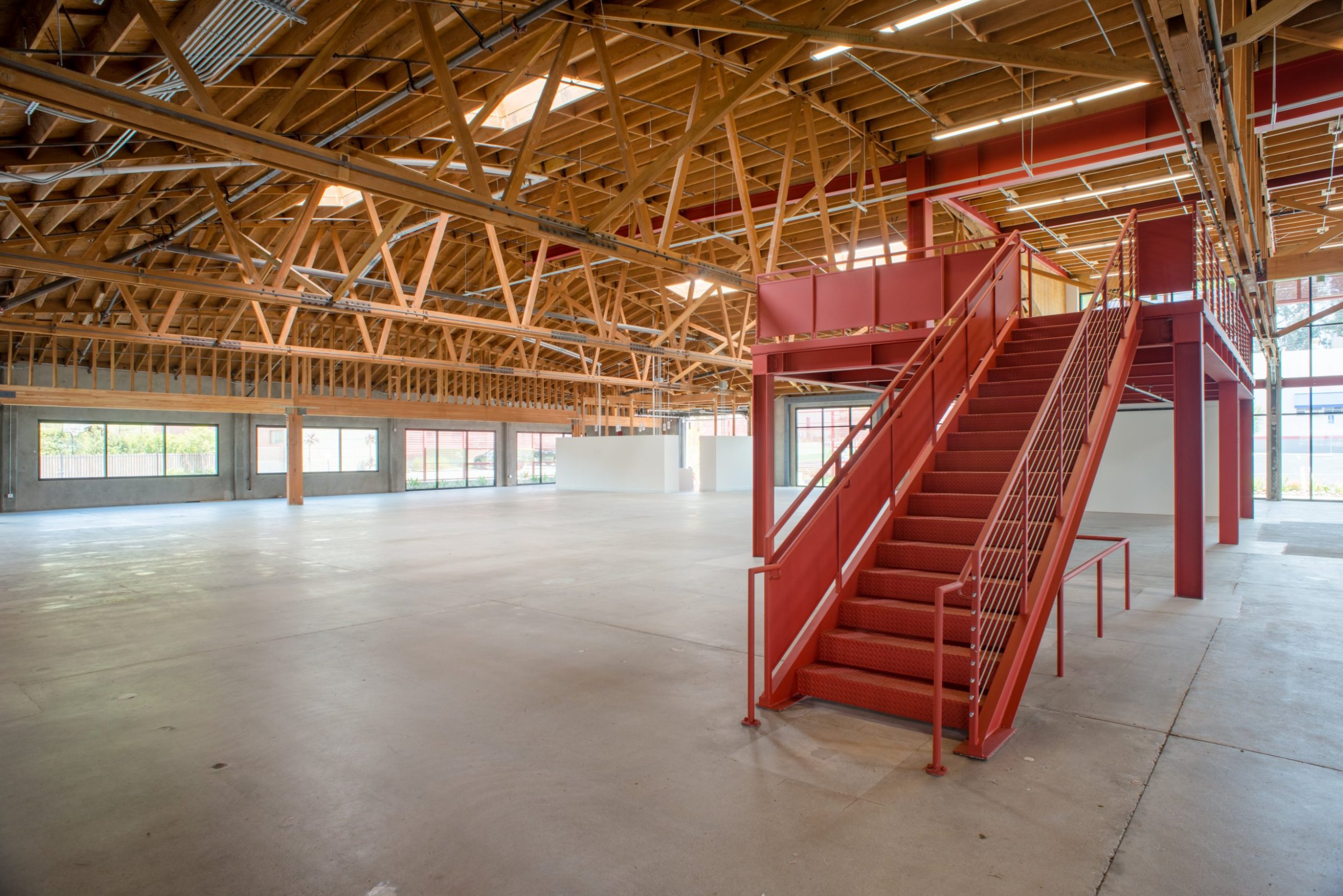 Steel mezzanine under the bow-truss roof