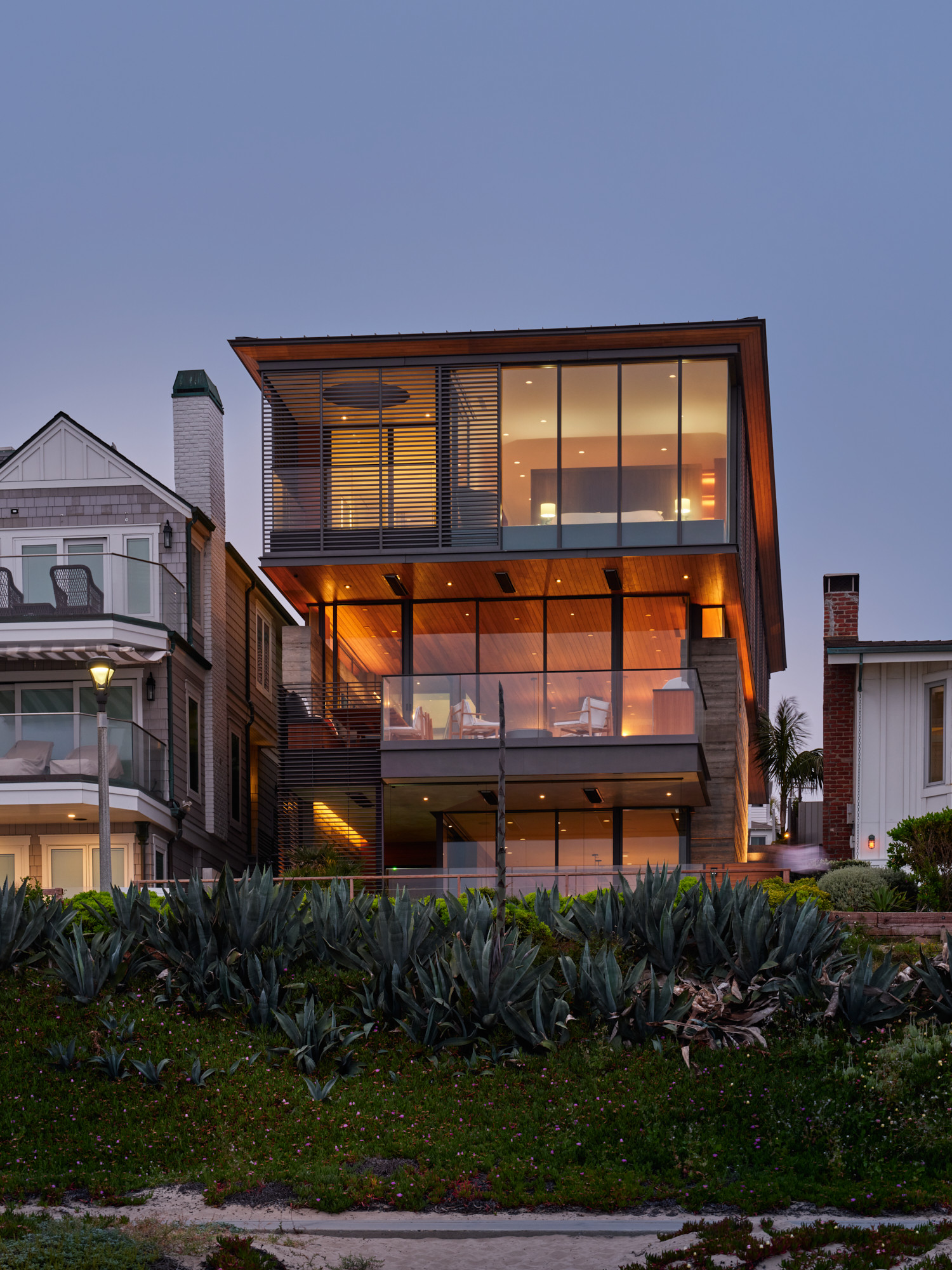 Beachfront elevation at dusk