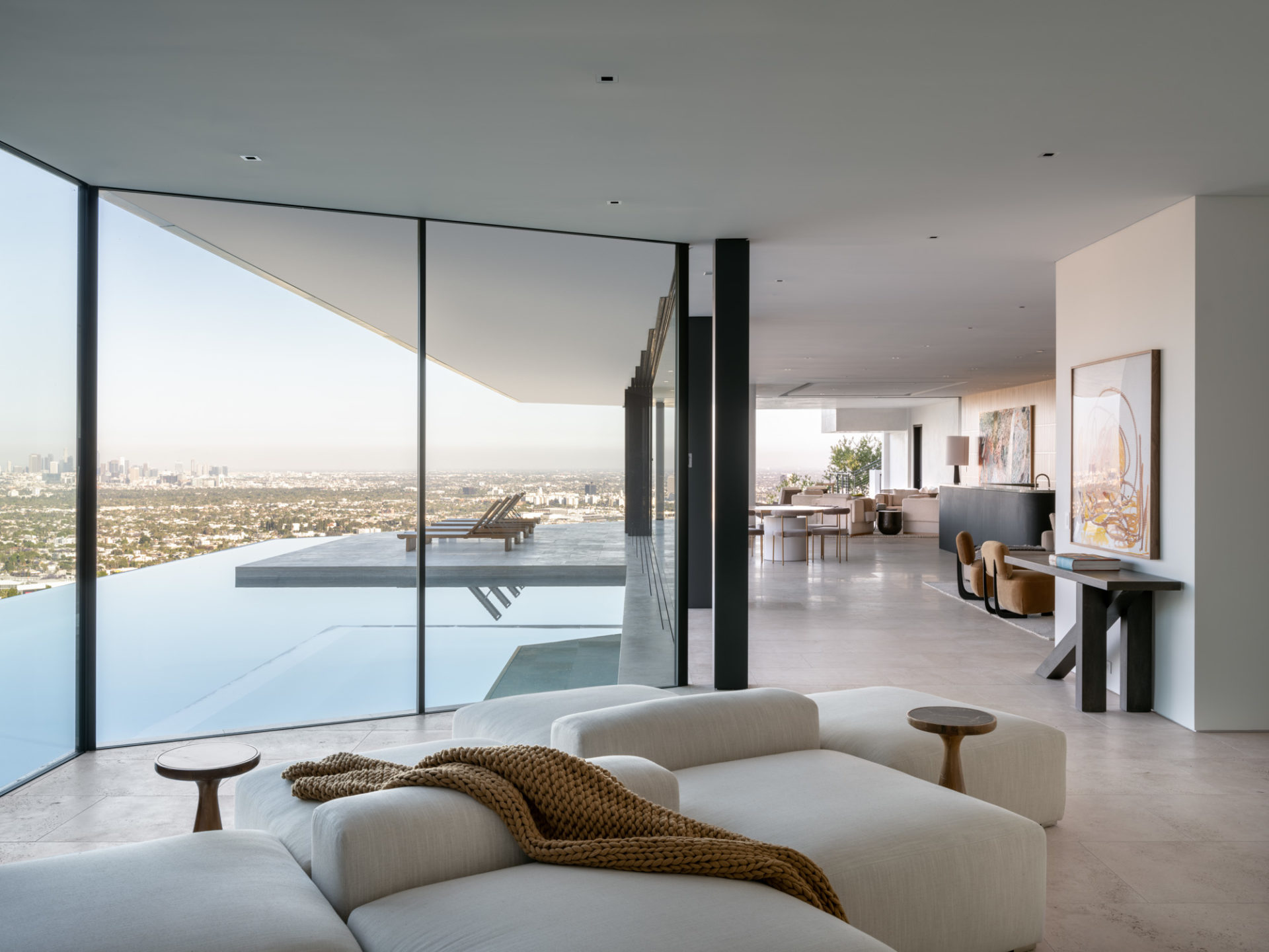 Living room with infinity pool view