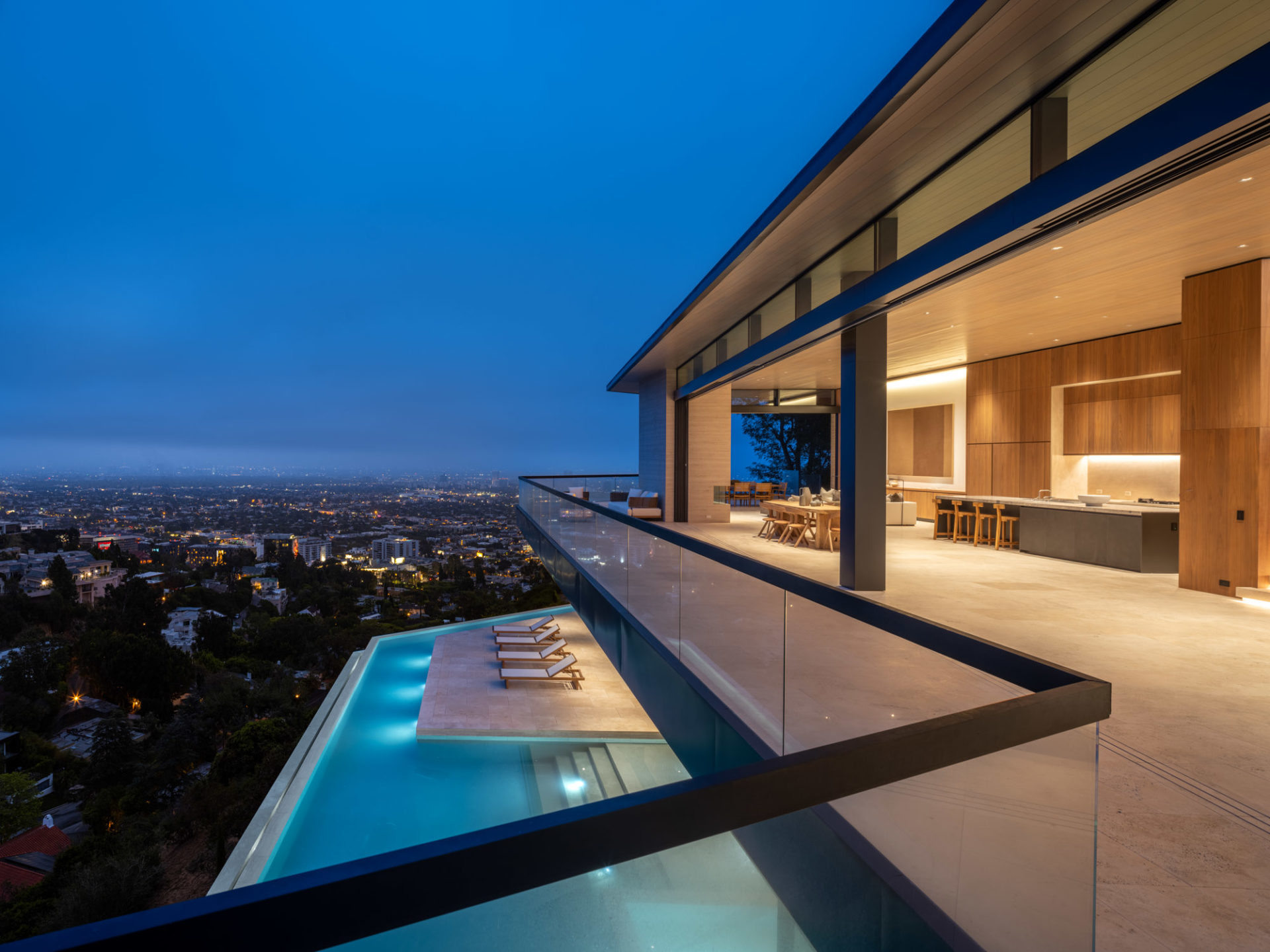 Terrace and pool at dusk